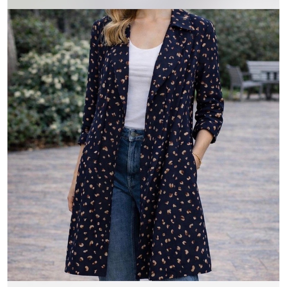 Zara Woman Navy Blue Abstract Floral Print Lightweight Trench Duster Coat M - Picture 3 of 6
